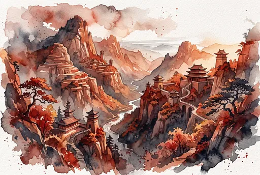 Red Watercolor Mountain Landscape With Pagodas