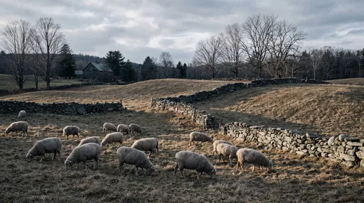 Sheep Grazing in Late Autumn Pasture