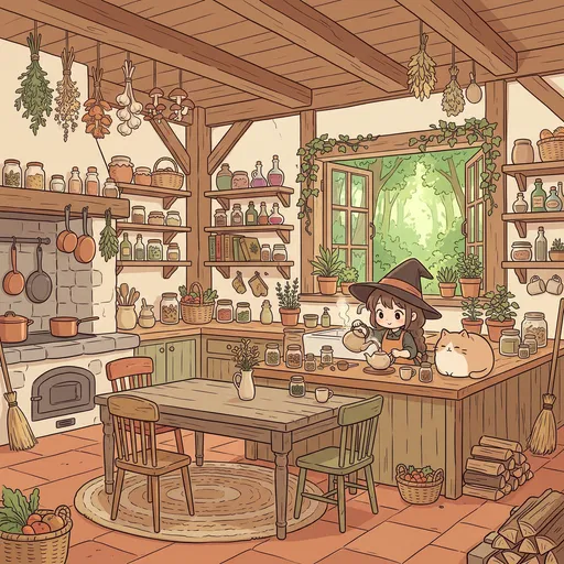 Chibi Witch Brewing Tea in Cozy Kitchen