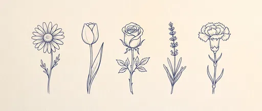 Minimalist Indigo Ink Flower Drawings Row