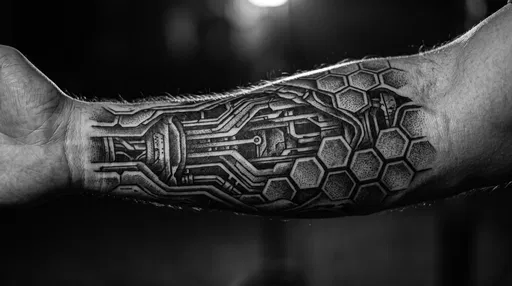 Monochrome Cybernetic Blackwork Forearm Tattoo