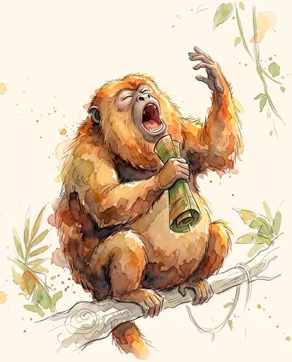 Watercolor Howler Monkey Singing Opera