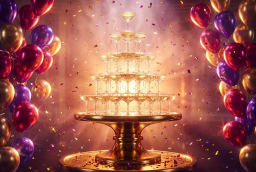 Festive Champagne Tower with Balloons