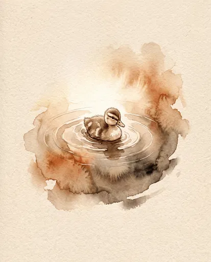 Sepia Watercolor Duckling in Puddle