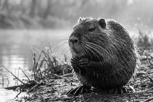Monochrome Portrait of a Wet Nutria