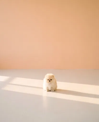 Tiny Cream Pomeranian Puppy in Minimalist Studio
