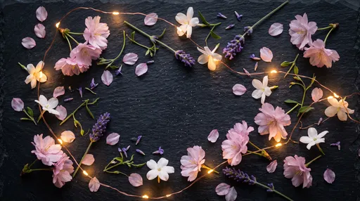 Floral Flat Lay with Fairy Lights