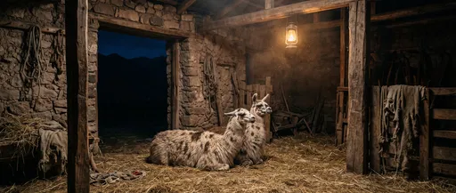 Two Spotted Llamas Resting in Rustic Barn