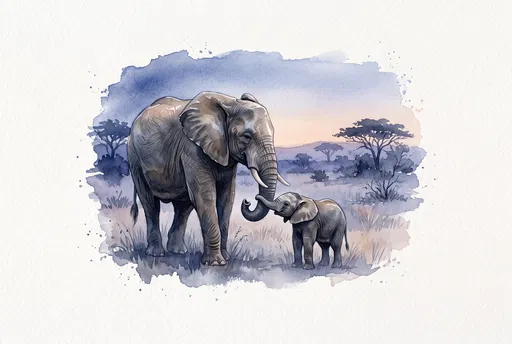 Watercolor Mother and Calf Elephant Vignette