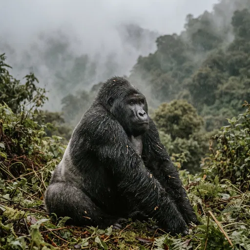 Silverback Gorilla Sitting in Misty Rain