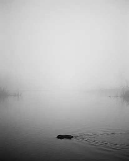 Muskrat Swimming in Misty Monochrome Lake