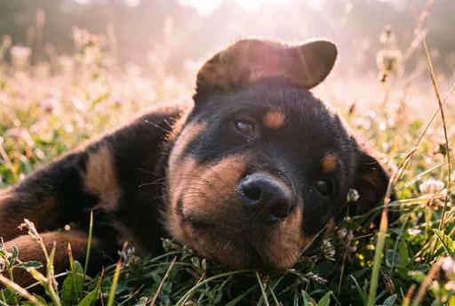 Rottweiler Puppy Resting in Morning Grass