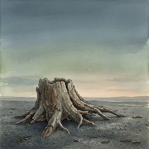 Driftwood Stump on Volcanic Sand Illustration