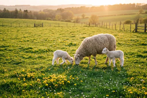 Ewe and Lambs in Sunlit Spring Pasture