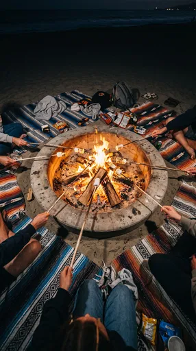 Friends Roasting Marshmallows Over Beach Bonfire