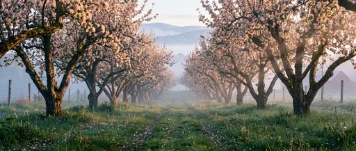 Misty Apple Orchard at Dawn