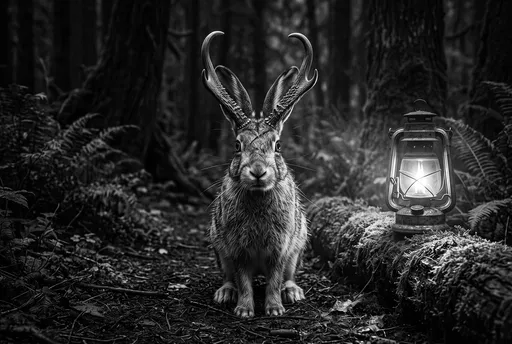 Monochrome Portrait of Mythical Horned Rabbit