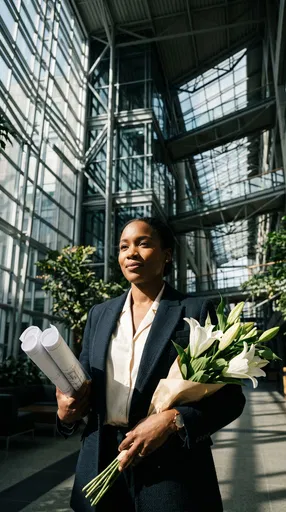 Confident Architect Holding Blueprints and White Lilies