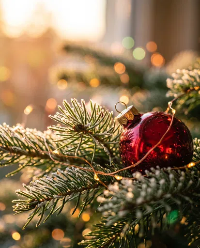 Red Christmas Bauble on Frosted Pine Branch