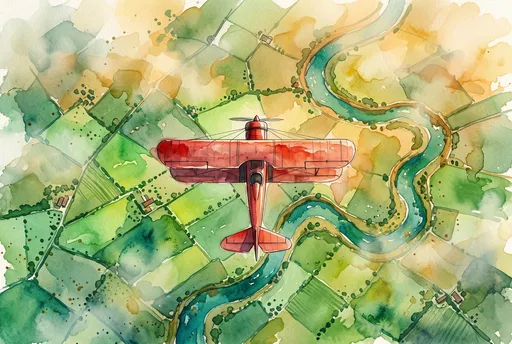 Watercolor Red Biplane Over Winding River