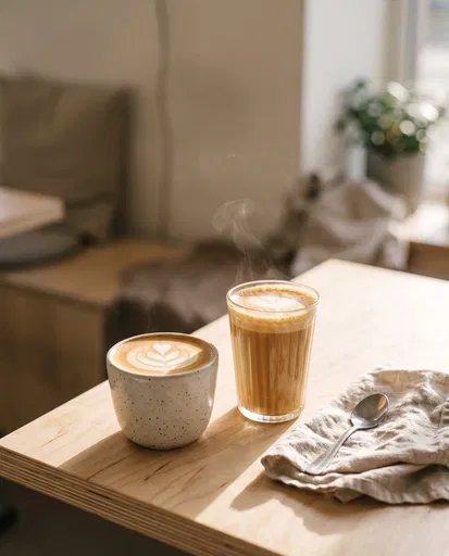Two Lattes on Sunlit Wooden Cafe Table