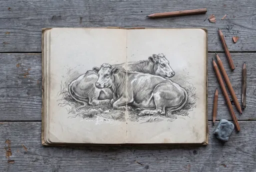 Sketchbook With Cattle Drawing on Wooden Desk