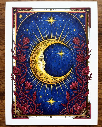 Tarot Style Golden Crescent Moon Illustration