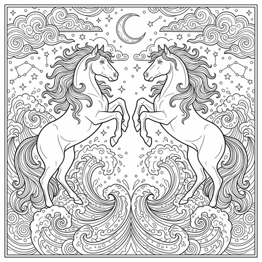 Two Rearing Horses Ocean Coloring Page