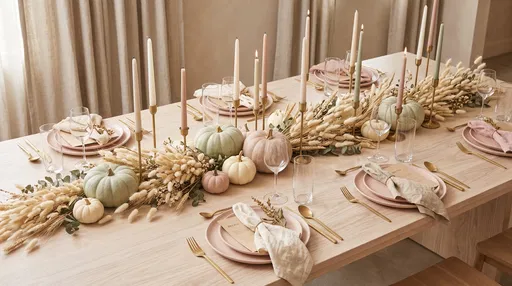 Modern Pastel Thanksgiving Tablescape With Pumpkins