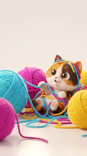 3D Cartoon Kitten Tangled in Yarn