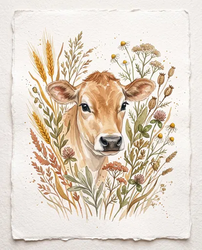 Watercolor Jersey Cow With Botanicals