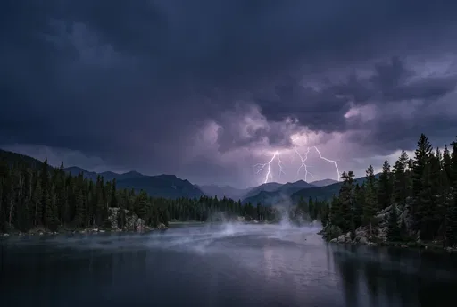 Lightning Storm Over Misty Mountain Lake
