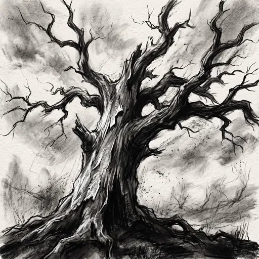 Charcoal Drawing of Gnarled Dead Tree