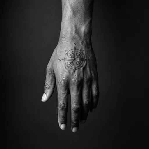 Monochrome Hand With Compass Tattoo