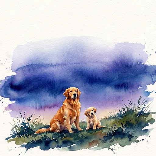 Watercolor Golden Retriever Dog and Puppy