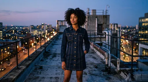 Woman in Denim Dress on City Rooftop