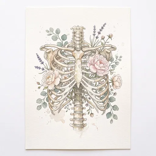 Watercolor Floral Ribcage and Spine Illustration