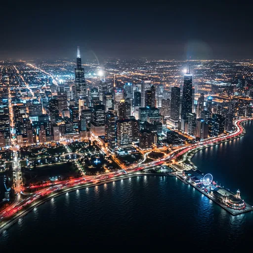 Aerial View of Chicago Skyline at Night
