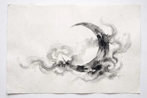 Monochrome Ink Wash Crescent Moon Illustration