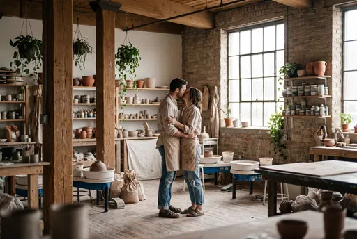 Couple Kissing in Rustic Pottery Studio