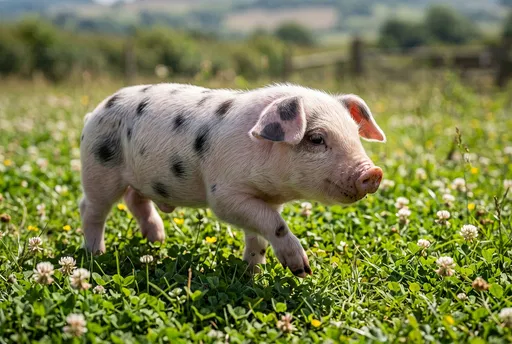 Spotted Piglet Walking in Clover Meadow