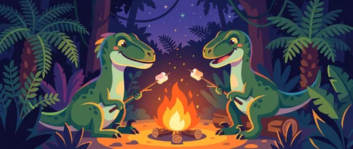 Cartoon Dinosaurs Roasting Marshmallows at Campfire