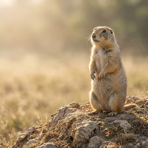 Backlit Prairie Dog Standing on Mound