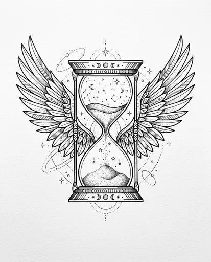 Monochrome Winged Hourglass Line Art Illustration