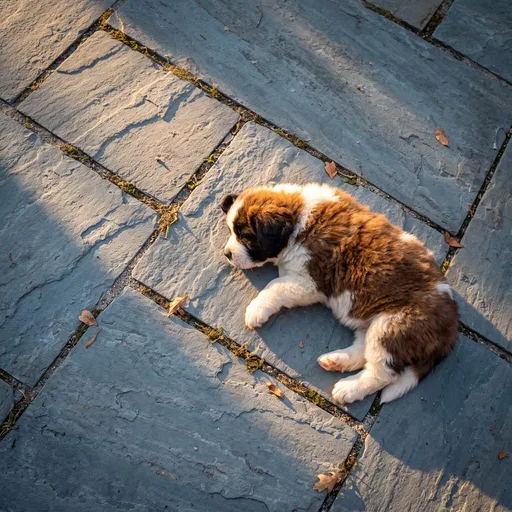 Saint Bernard Puppy Sleeping on Slate Patio