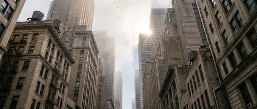 Low Angle View of Misty Skyscrapers
