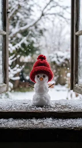 Miniature Snowman in Red Beanie on Windowsill