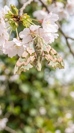 Lime Hawk-Moth on Pale Spring Blossoms
