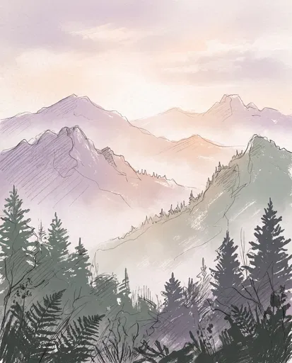 Pastel Mountain Landscape Sketch Illustration