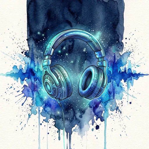Watercolor Illustration of Glowing Blue Headphones
